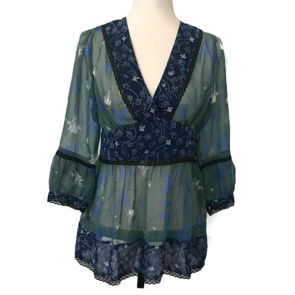 Blue Green Sheer Romantic V-Neck Tunic Top